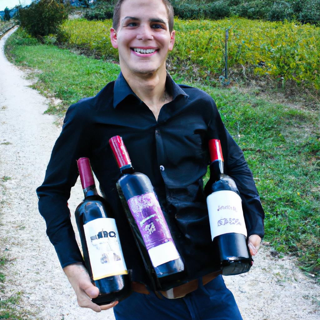 Person holding wine bottles, smiling