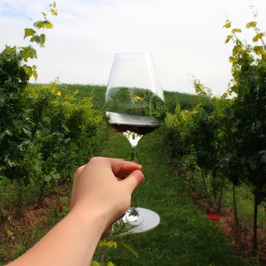 Person holding wine glass, vineyard
