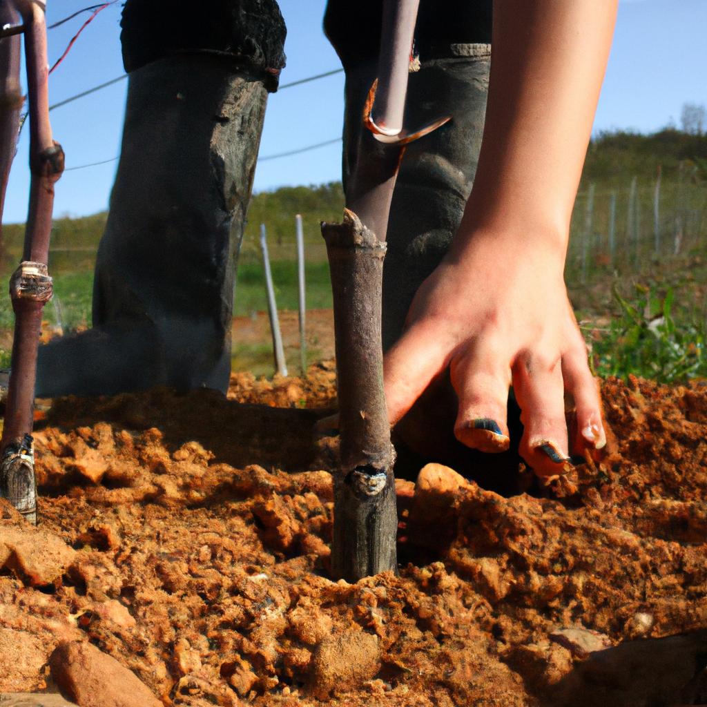 Person planting vines in vineyard