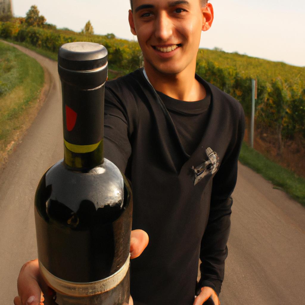Person holding wine bottle, smiling