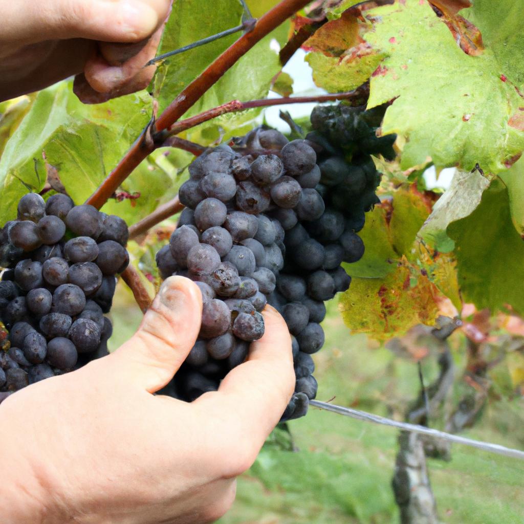 Person tending to vineyard grapes