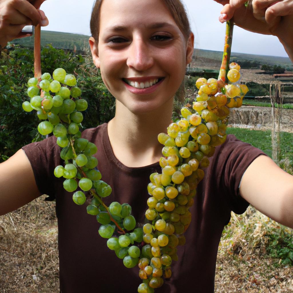 Person holding grape vines, smiling