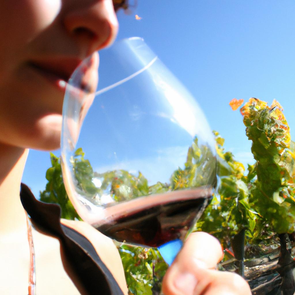 Person tasting wine in vineyard