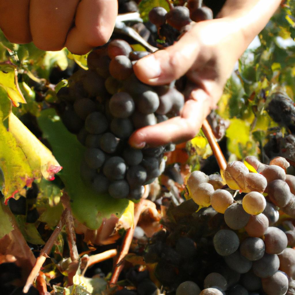 Person harvesting grapes in vineyard