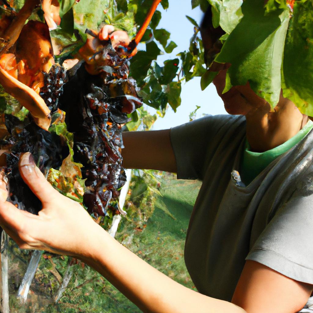 Person harvesting grapes in vineyard
