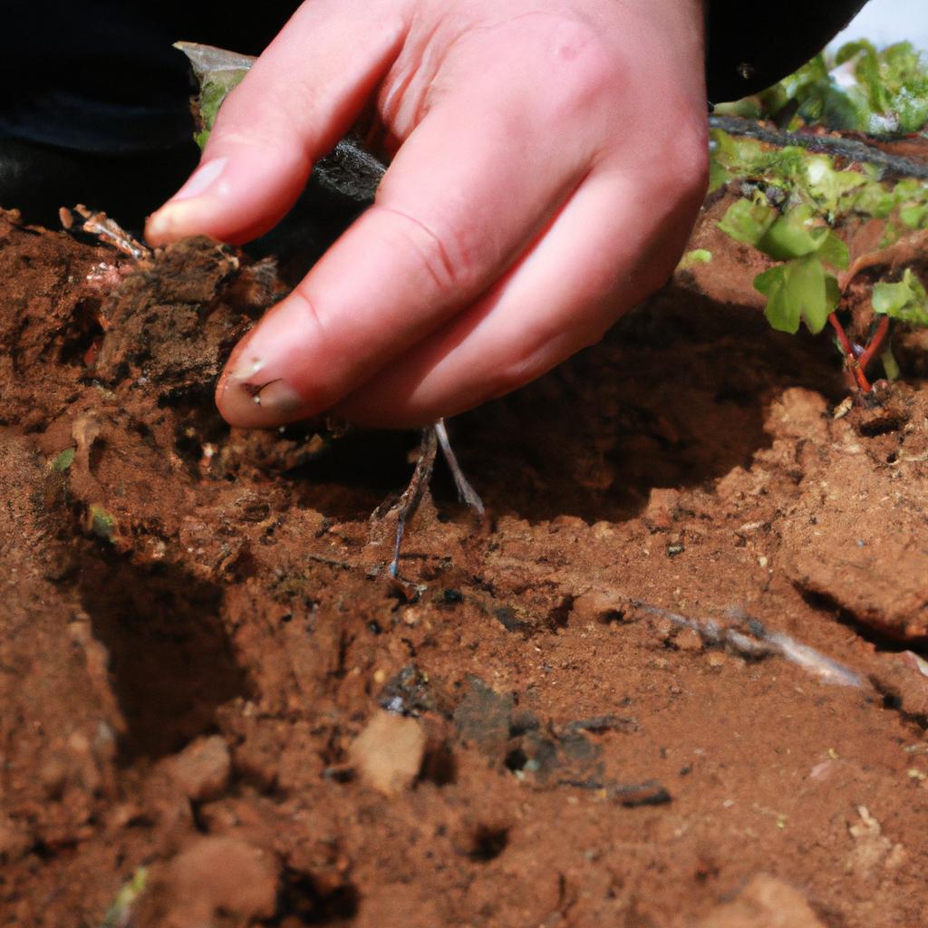 Person examining soil in vineyard