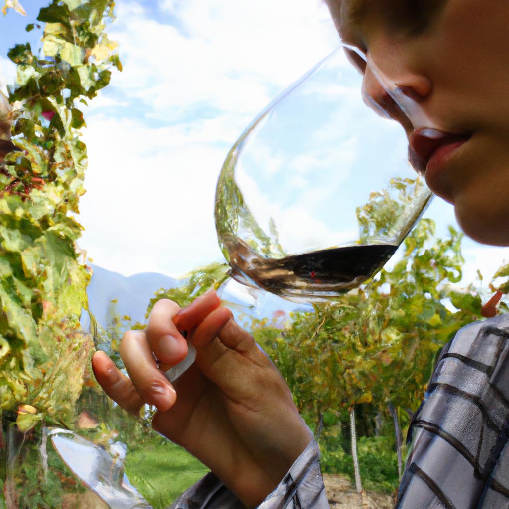 Person tasting wine in vineyard